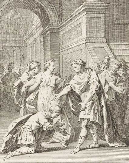 Sextus knielt voor Titus,